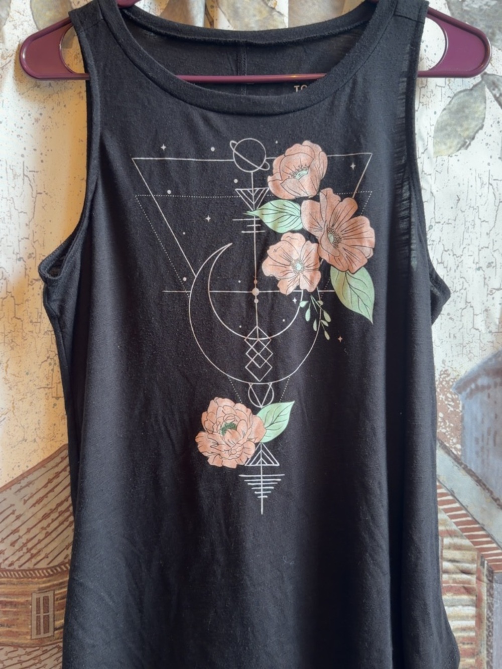 torrid Black Tank Top with Peach Floral & Crescent Moon Graphic